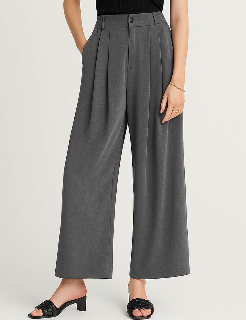 Ladies Solid Color Button Waist Wide Leg Pants