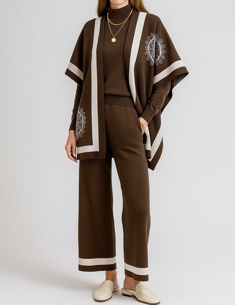 Ladies Knit Shawl Cape & Sweater & Pants 3PCS Set