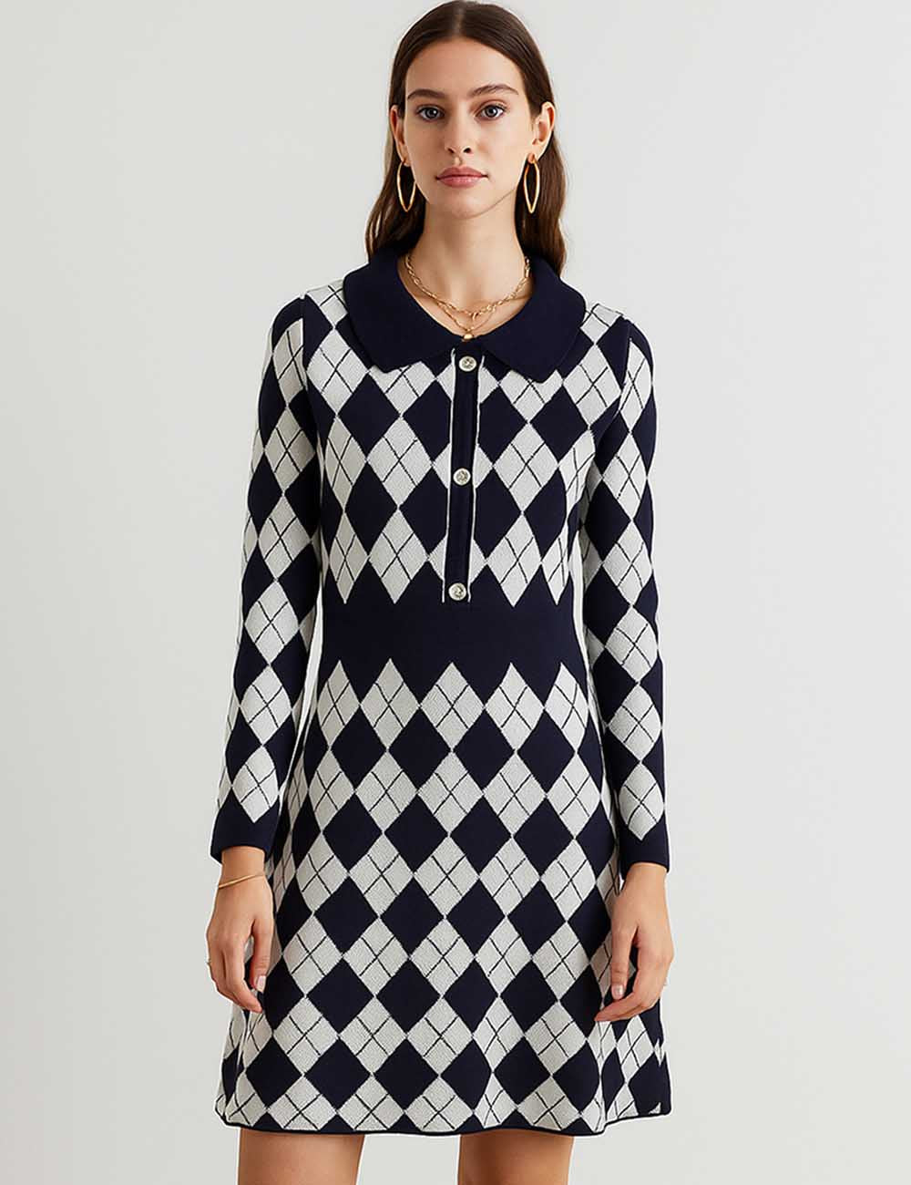 Ladies Color Block Argyle Pattern Knit Midi Dress