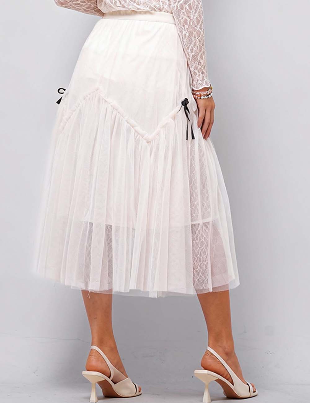 Ladies Gauzy Tiny Bowknot Color Block Midi Skirt SKS50450B