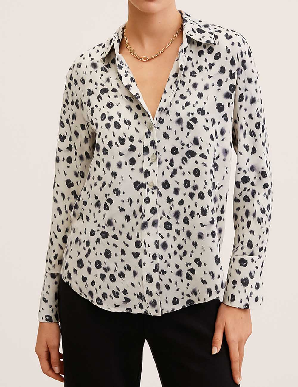 Ladies Stain Dalmatian Print Button Down Long Sleeves Shirt