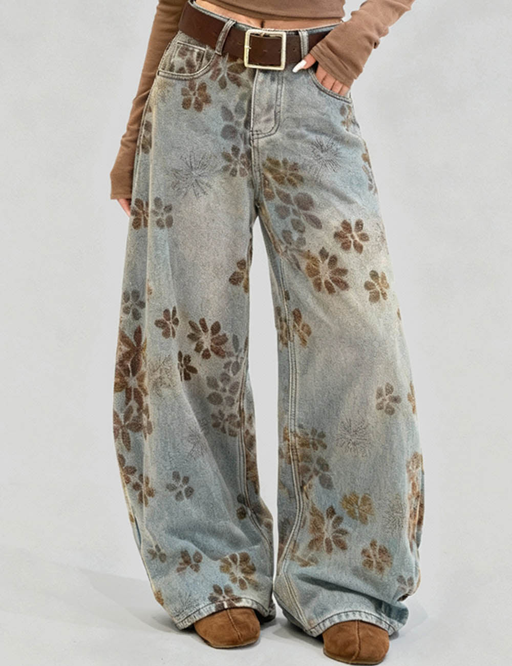 Ladies Floral Print Fleece Lined Wide Leg Denim Pants