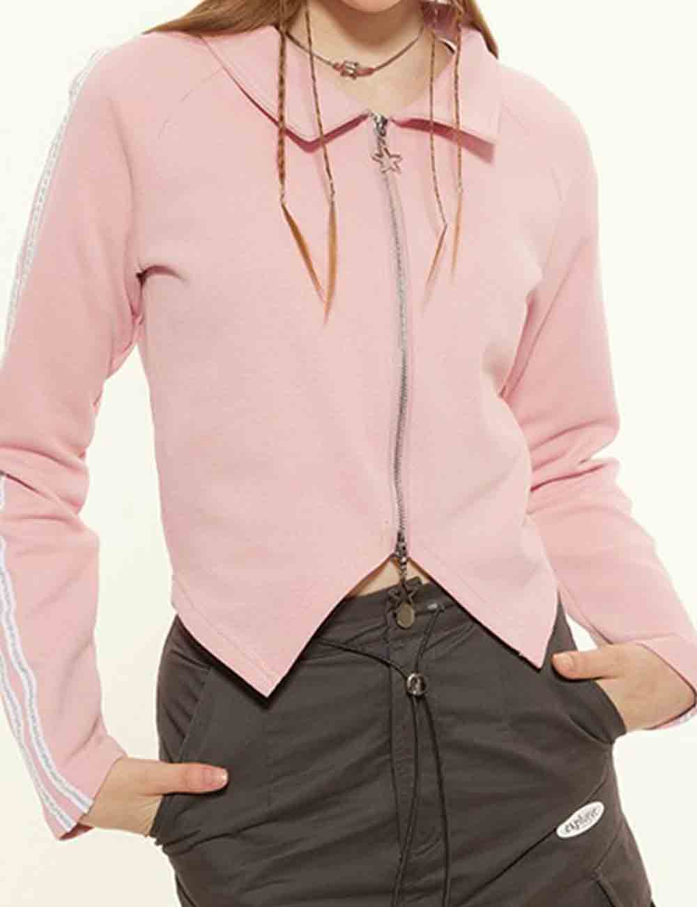 Ladies Striped Zip-Up Polo Collar Cropped Jacket
