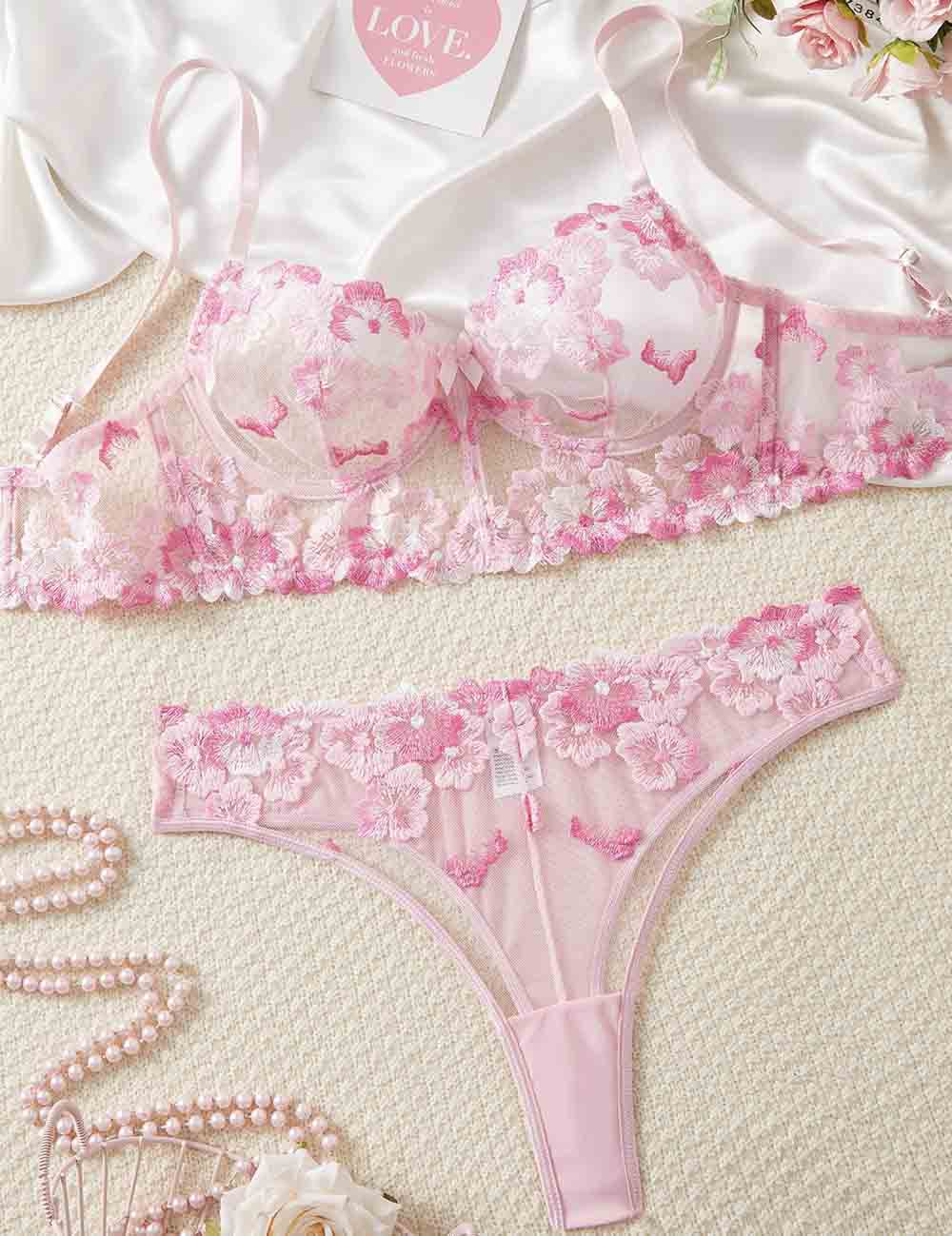 Ladies Floral Embroidery See Through 2PCS Lingerie Set 8XX0262