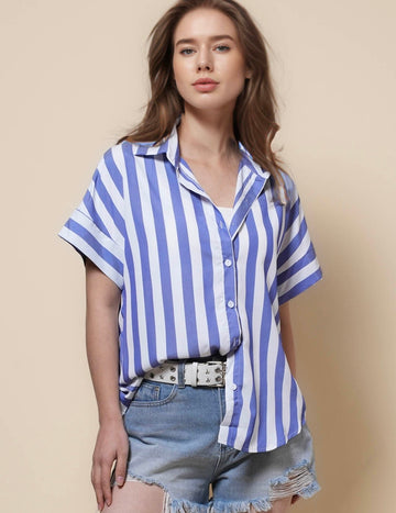 Ladies Lapel Button Down Striped Shirt SKT41286
