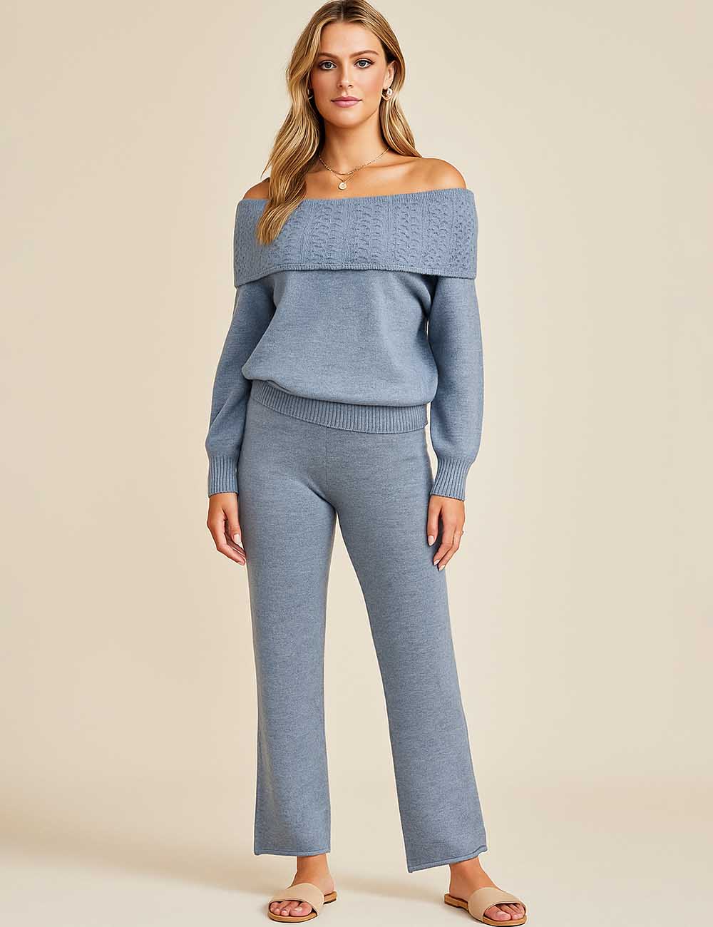 Ladies Off-Shoulder Wide Leg Knit Top ＆ Pants Set