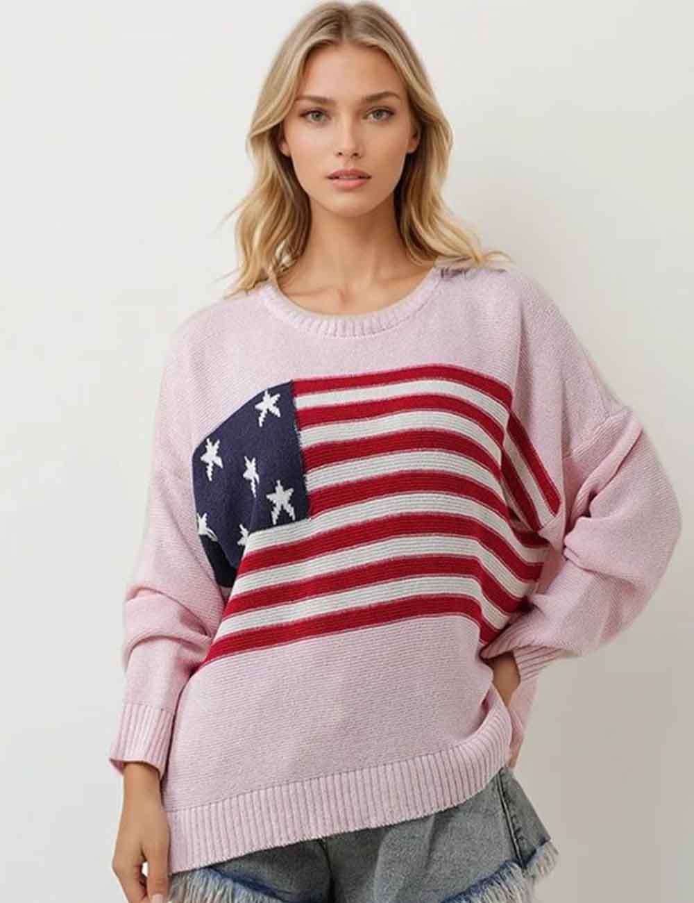 Ladies Pullover Flag Long Sleeves Knit Sweater