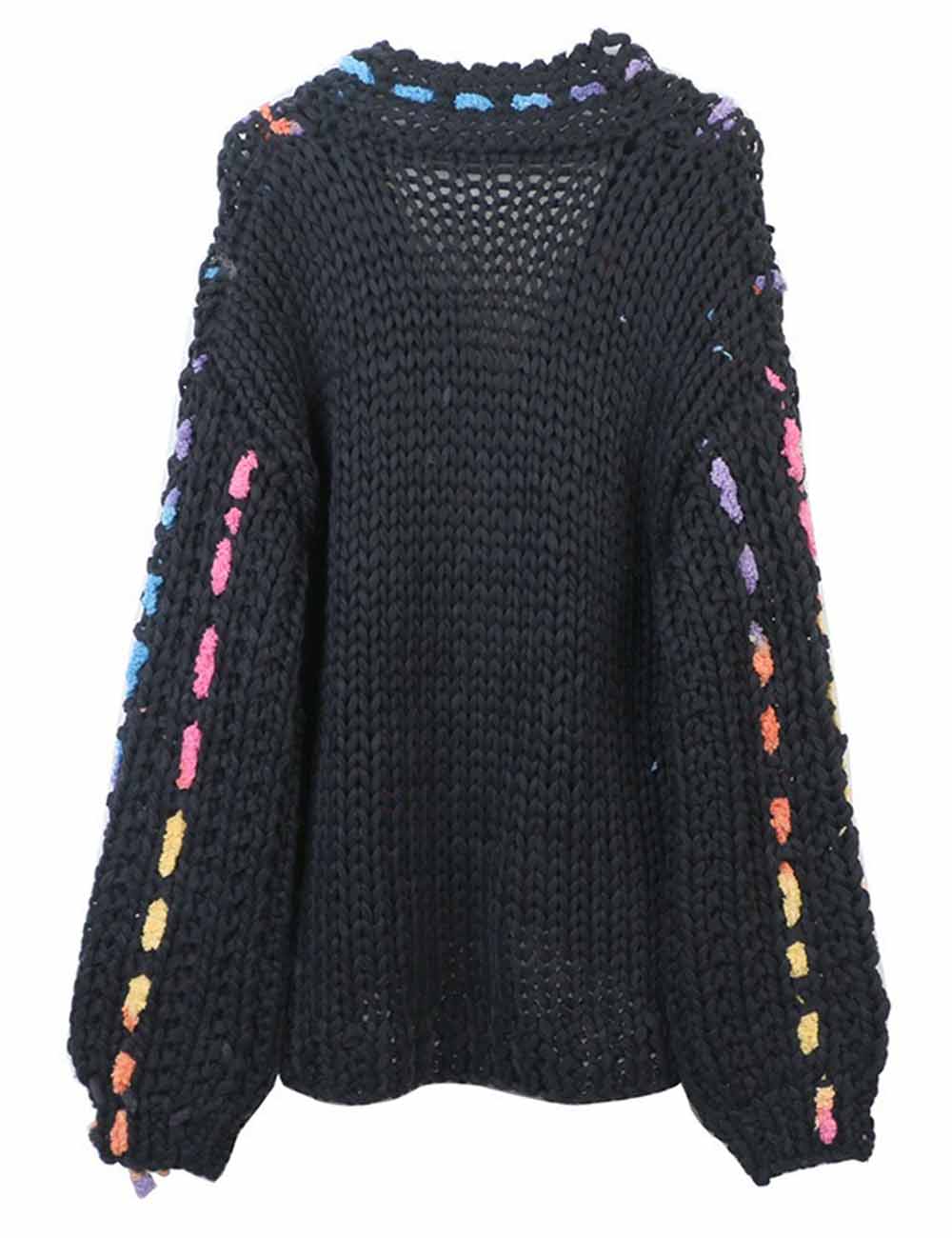 Ladies V-Neck Long Sleeves Multicolor Stitching Pullover Sweater