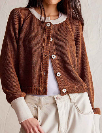 Ladies Color Block Round Neck Button Long Sleeves Cardigan