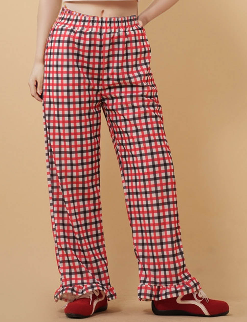 Ladies Checked Ruffle Flared Leg Pants 8SKP51309