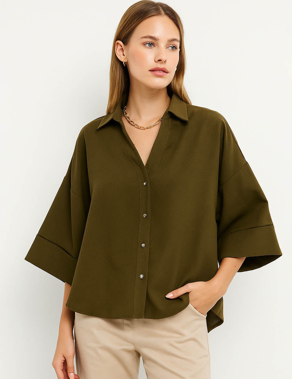 Ladies Solid Color V-Neck Button Down Folded Cuff Blouse