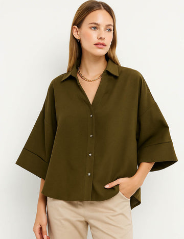 Ladies Solid Color V-Neck Button Down Folded Cuff Blouse