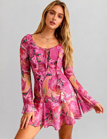 Ladies Floral Chiffion Scoop Neck Ruffle Lace-Up Mini Dress