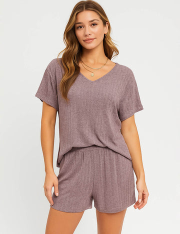 Ladies Ribbed Knit Set V-Neck Elastic Waist Top & Shorts Set