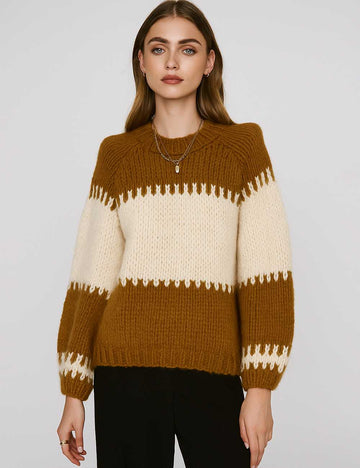 Ladies Chunky Knit Striped Balloon Sleeves Sweater Top
