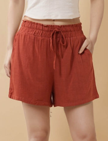 Ladies Solid Color Elastic Waist Drawstring Pocket Shorts