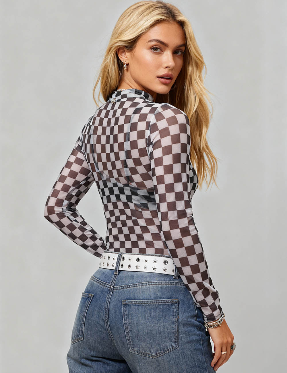 Ladies See Sheer Bodysuit Grid Mesh Layring Top SKT4935