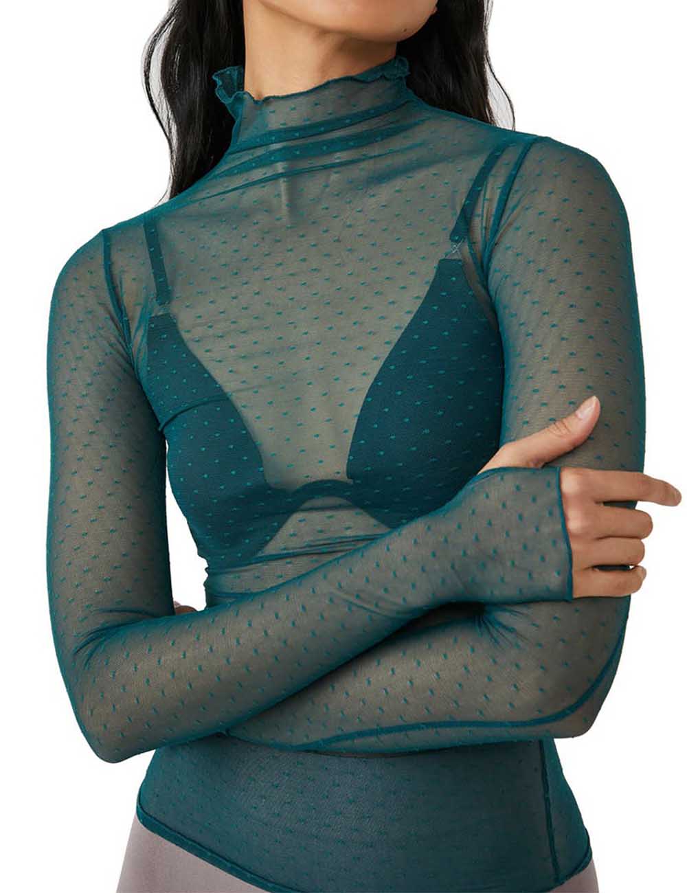 Ladies Solid Color Turtleneck Polka Dot Mesh Layering Top