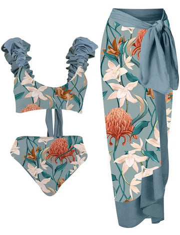 Ladies Floral Print String Tie 2PCS Bikini Set with Salong
