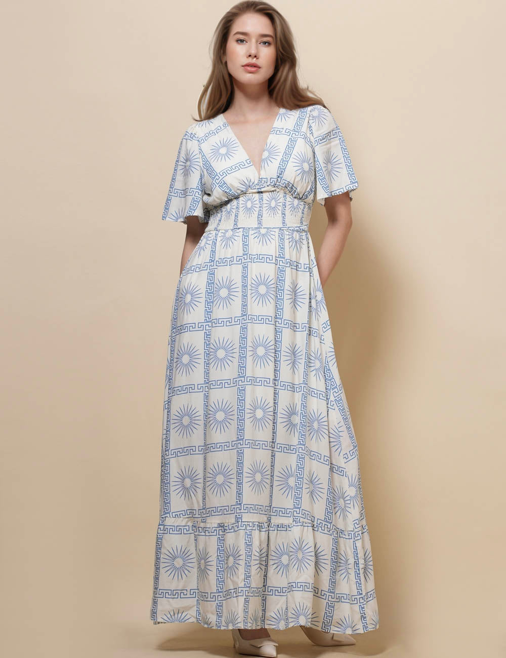 Ladies V-Neck Short Sleeves Print Maxi Dress SKD51034