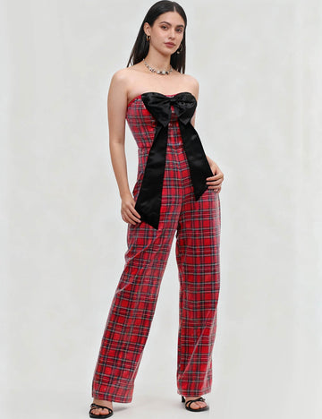 Ladies Christmas Sequin Plaid Jumpsuit Bowknot Overall SKJ4920