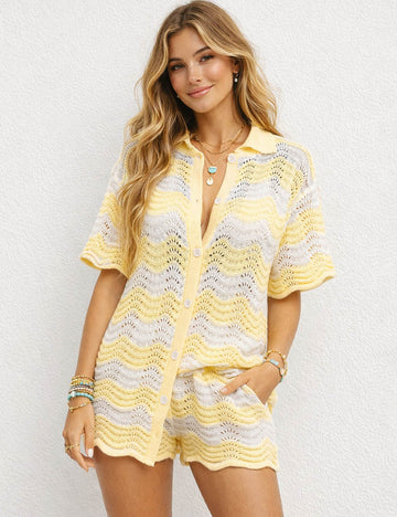 Ladies Wave Knit Polo Collar Top & Shorts 2PCS Matching Set