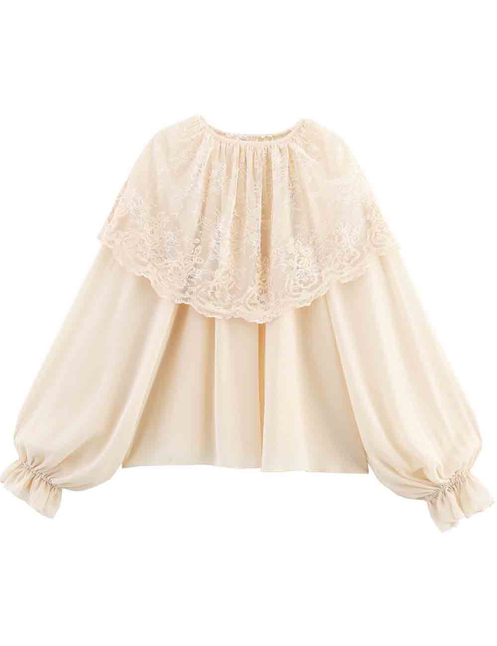 Ladies Solid Color Lace Long Sleeves Cape Blouse