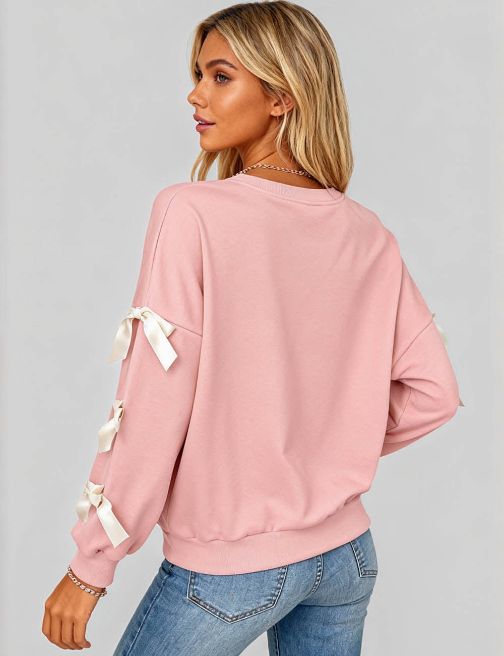 Ladies Cute Round Neck Bow Sleeves Pullover Sweatshirt