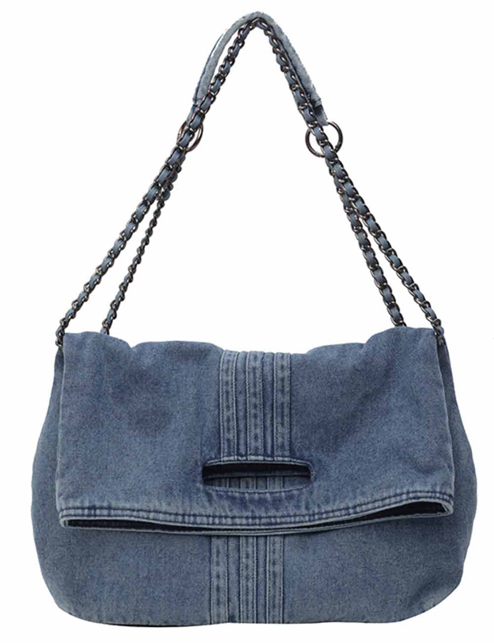 Ladies Denim Double Chain Shoulder Tote Bag