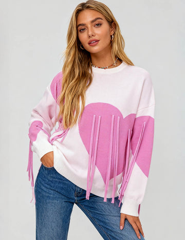 Ladies Valentine‘s Heart Tassel Multicolor Pullover Sweater