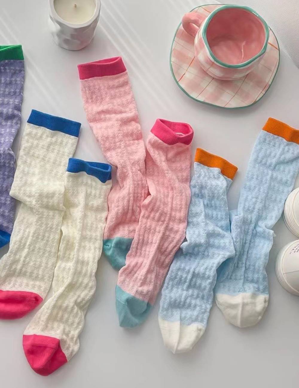 Ladies Hollow Out Color Block Knit Socks SKAS50013