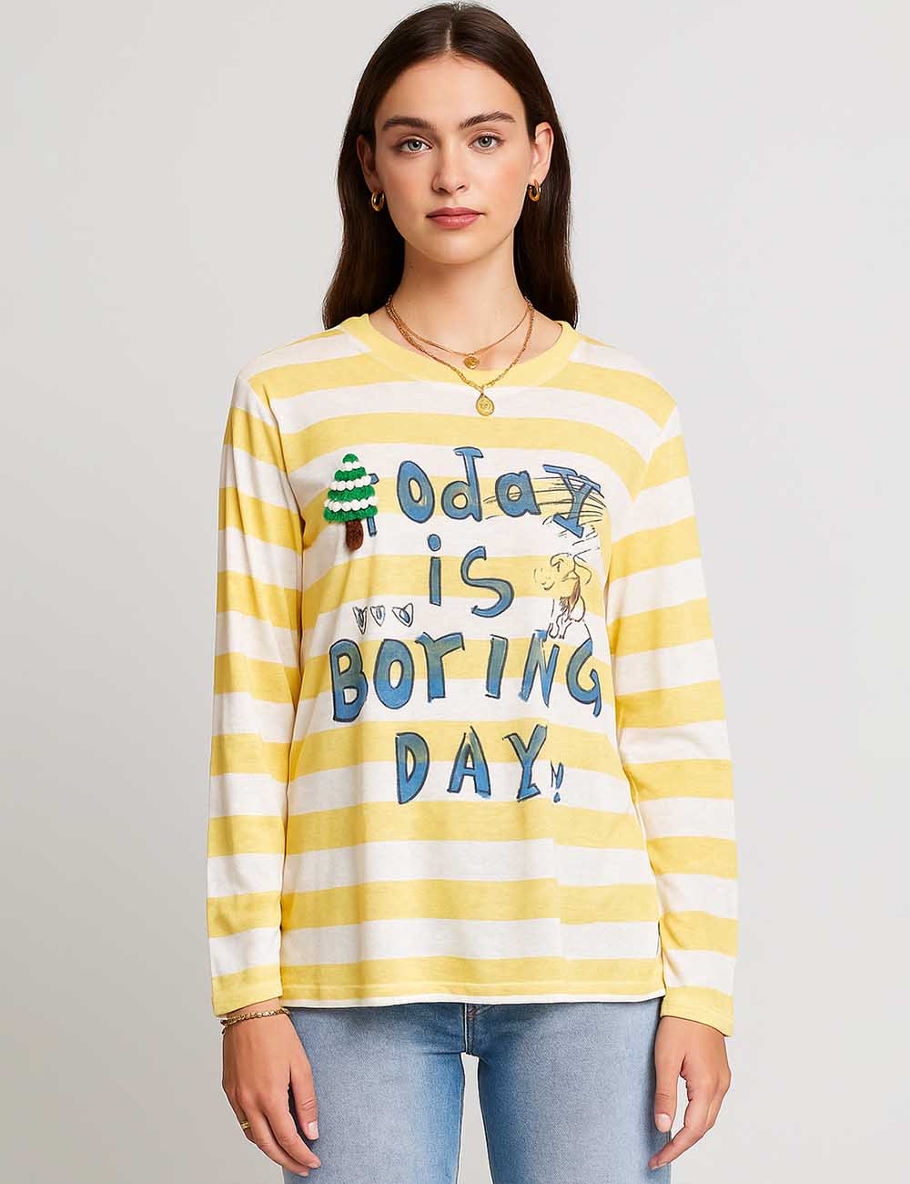 8SKT5K109 Ladies Striped Letter Print Casual T-Shirt