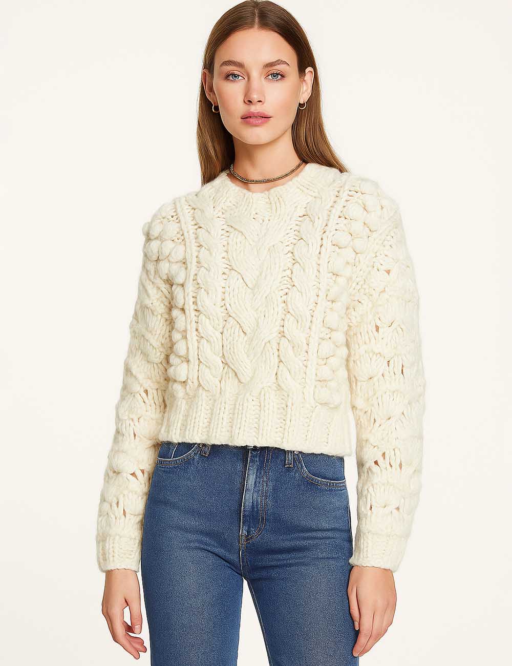 Ladies Chunky Cable Knit Round Neck Cropped Sweater Top