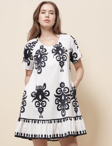 Ladies Round Neck Short Sleeves Floral Mini Dress SKD51262