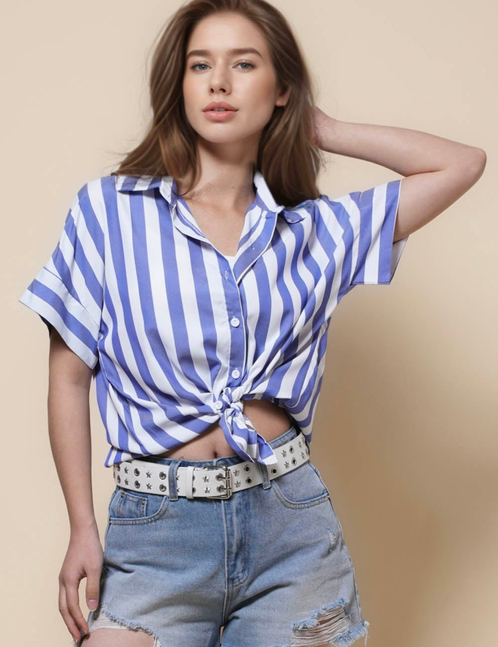 Ladies Lapel Button Down Striped Shirt SKT41286