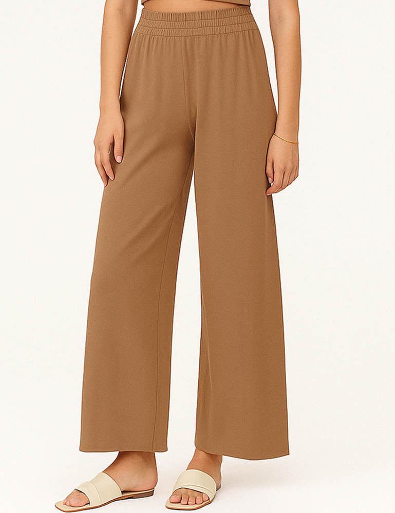 Ladies Solid Color Elastic Waist Wide Leg Pants