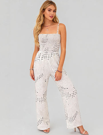 Ladies Polka Dot Smocked Bodice Wide Leg Jumpsuit