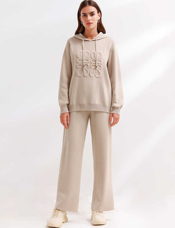 Ladies Jacquard Knit Hoodie Wide Leg Sweatshirt & Pants Set
