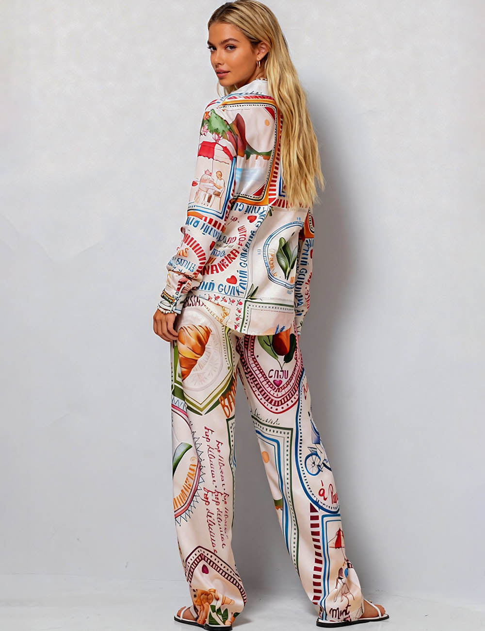 Ladies Turndown Collar Print Shirt Top 2PCS Set SKST50345