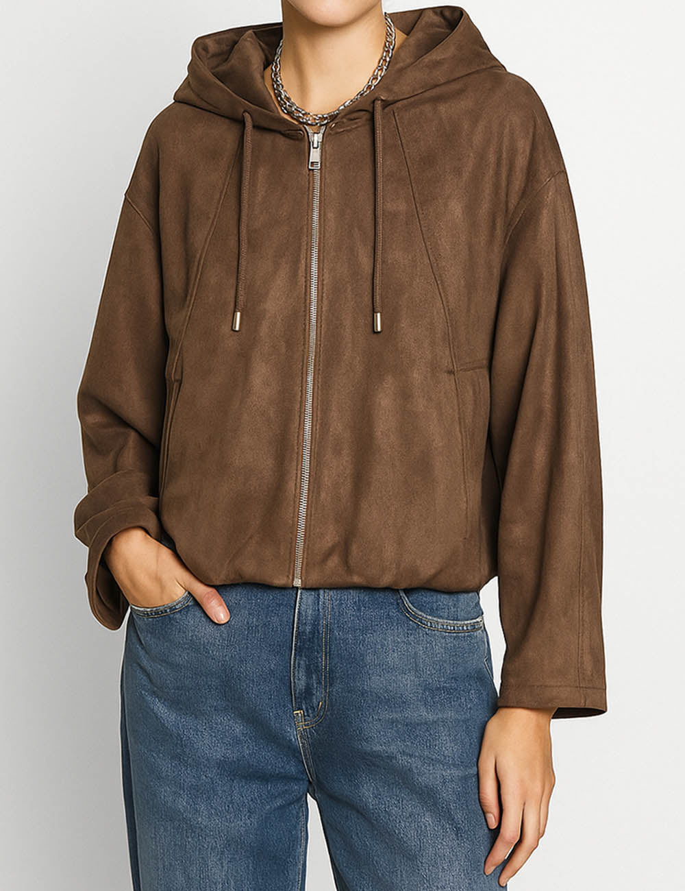 Ladies Suede Hooded Collar Long Sleeves Zipper Front Jacket