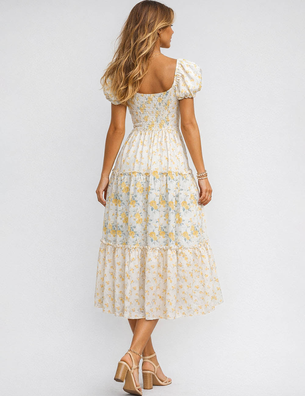 Ladies Floral Print Sweetheart Neck Puff Sleeves Maxi Dress