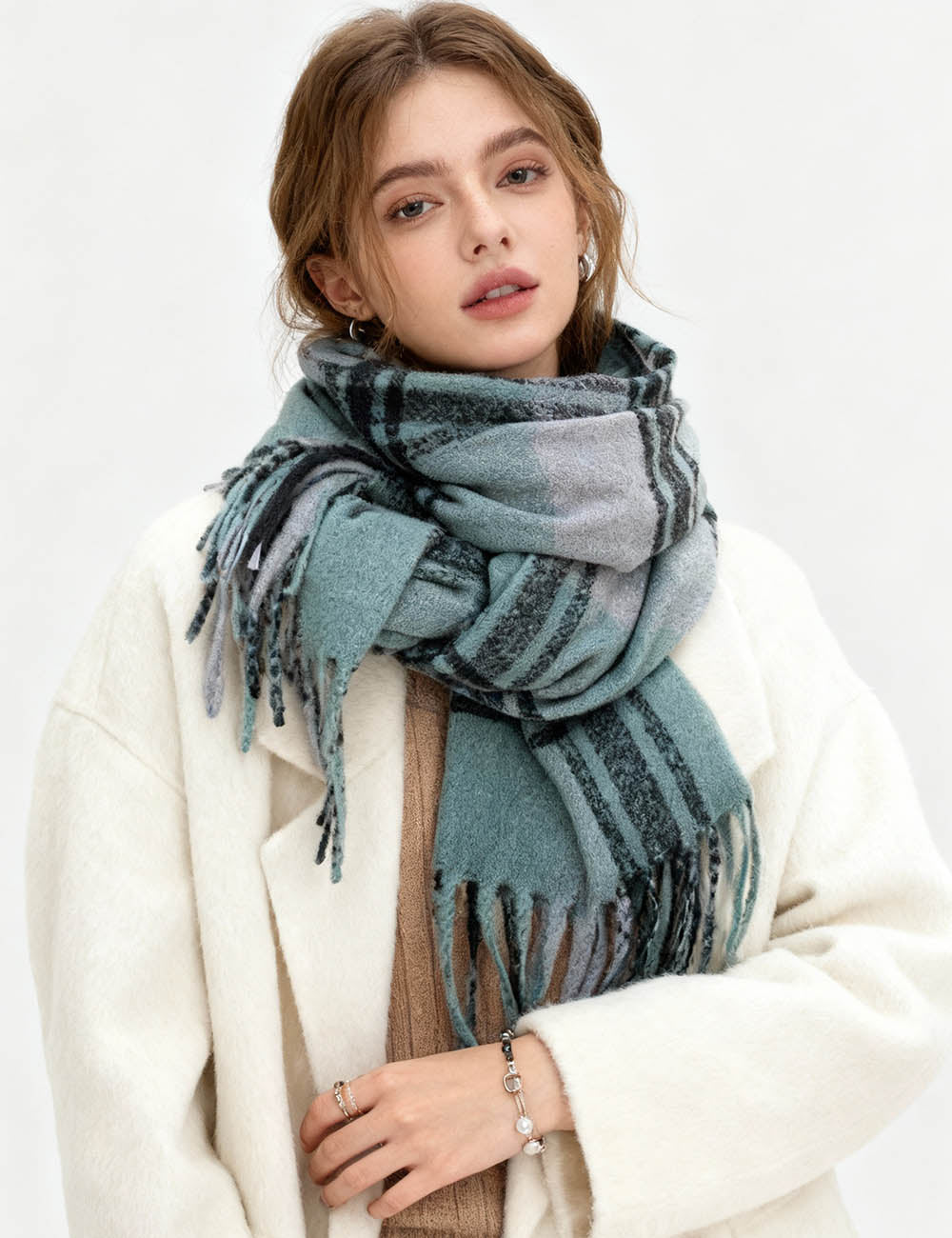 Ladies Vintage Fashion Plaid Pattern Oblong Tassel Knit Scarf