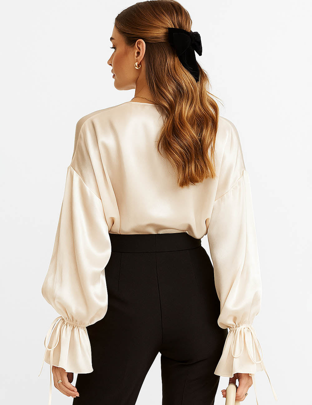 Ladies Satin Turn Down Collar Flared Sleeves Shirt