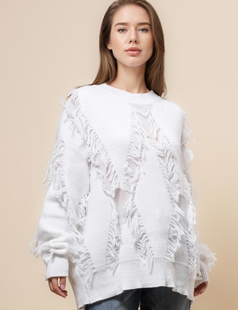 Ladies Solid Color Round Neck Tassels Pullover Sweater SKT4902