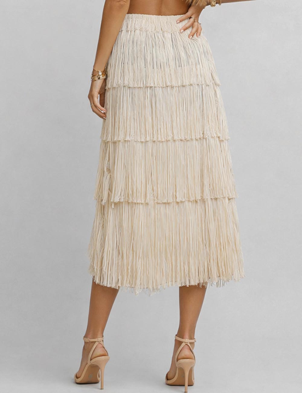Ladies Fringe Solid Color Elastic Waist Midi Skirt