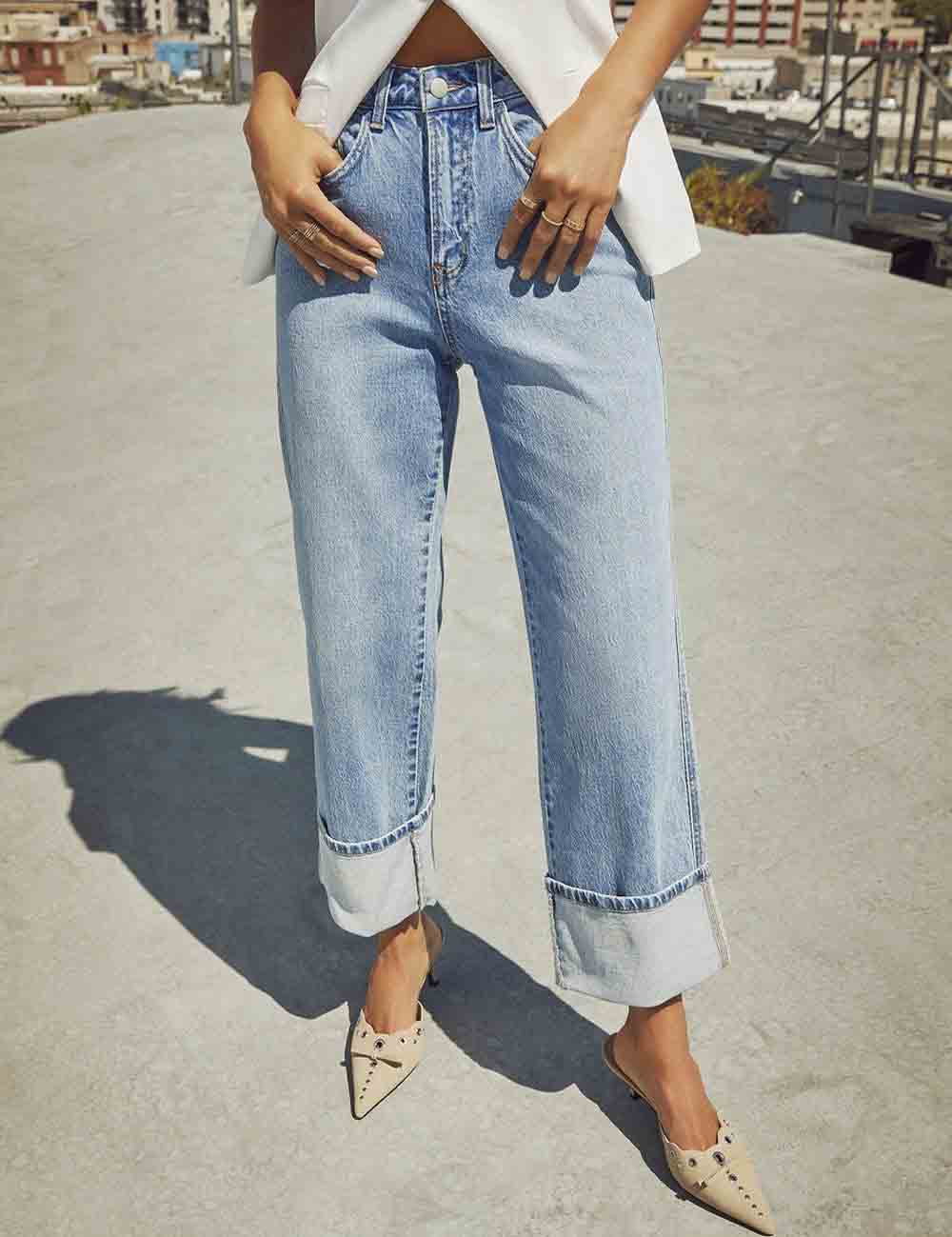 Ladies Rolled Hem Straight Leg Denim Pants