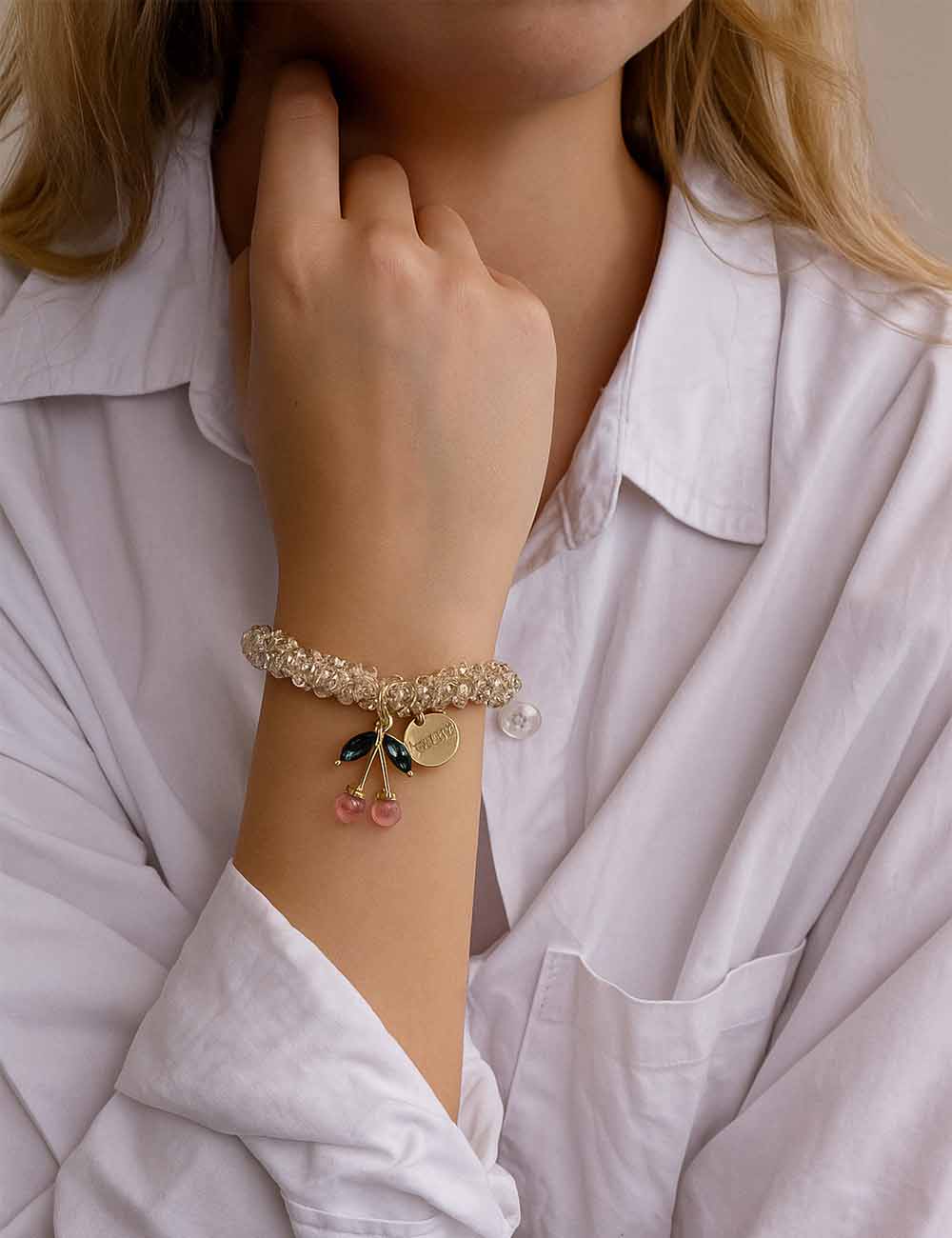 Ladies Colorful Beaded Cherry Pendant Elastic Crystal Bracelet