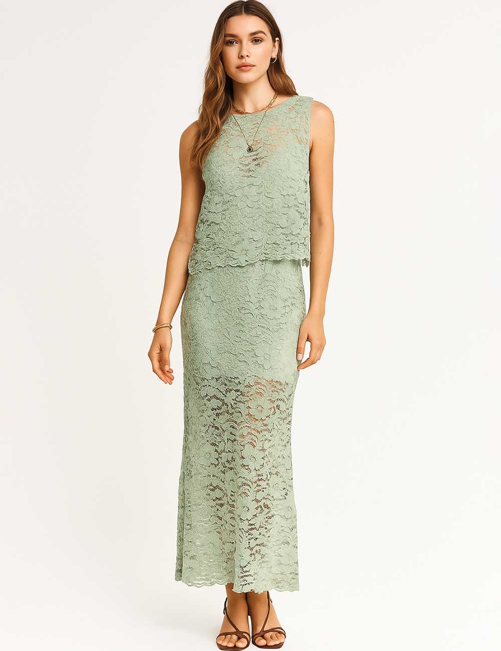 Ladies Floral Embroidery Tank Top & Midi Skirt 2PCS Set