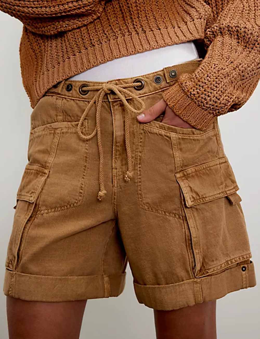 Ladies Pocket Drawstring Elastic Waist Rolled Denim Shorts