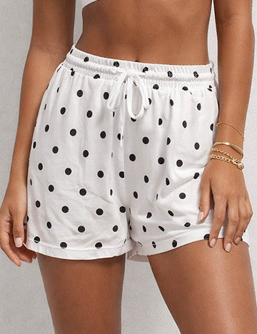 Ladies Polka Dot Elastic Waist Drawstring Wide Leg Shorts